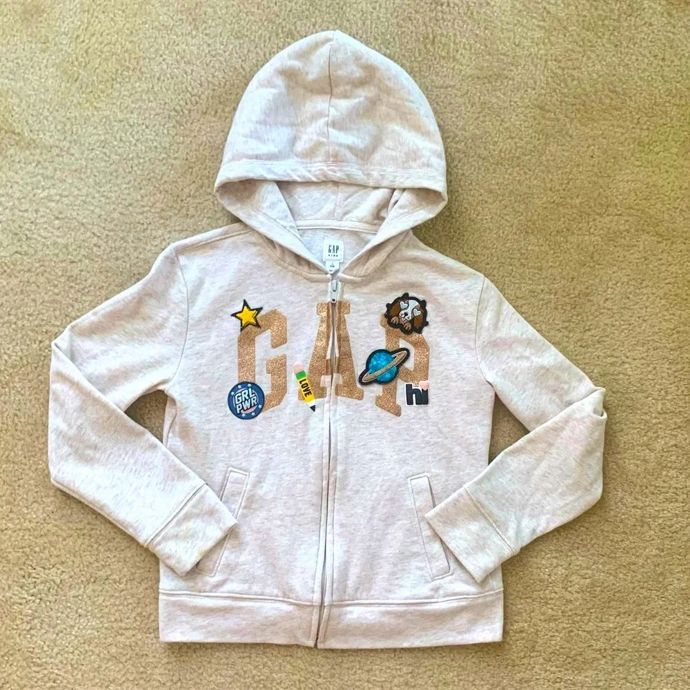 Gap Kids Beige Glitter Gold Logo Hoodie Size 10 Excellent Used Condition